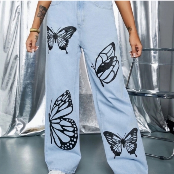 Simple Society butterfly wide leg baggy jeans size 7/ 28 - Picture 2 of 15